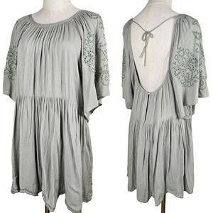 En Creme Eyelet Flare‎ Sleeve Mini Dress Tunic Top M Sage Green Low Back